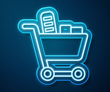 Parlayan neon hattı alışveriş arabası ve mavi arka planda izole edilmiş yiyecek ikonu. Yiyecek dükkanı, süpermarket. Vektör.