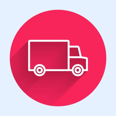 Beyaz çizgi, uzun gölgeli ve izole edilmiş bir araba ikonu ile 24 saat boyunca hızla teslim edilir. Kırmızı daire düğmesi. Vektör.