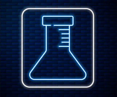 Parlayan neon hattı test tüpü ve tuğla duvar arka planında izole edilmiş matara simgesi. Kimyasal laboratuvar testi. Laboratuvar camları. Vektör.