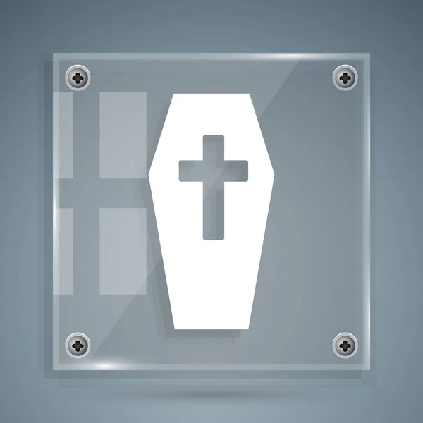 Witte Coffin Met Christelijk Kruis Pictogram Geïsoleerd Grijze Achtergrond Gelukkig — Stockvector