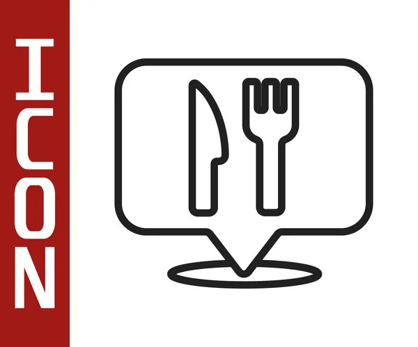 黑线咖啡店和餐馆的位置图标孤立在白色背景 叉子和勺子的标志里面的针尖 — 图库矢量图片