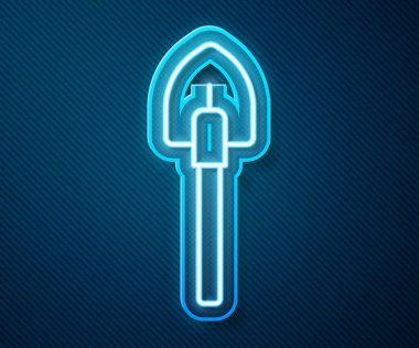 Parlayan neon hattı kürek ikonu mavi arkaplanda izole edildi. Bahçe aletleri. Bahçecilik, tarım, çiftçilik aleti. Vektör.