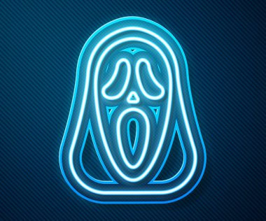 Mavi arka planda izole edilmiş Cadılar Bayramı ikonu için parlak neon çizgisi Komik ve korkutucu hayalet maskesi. Mutlu Cadılar Bayramı Partisi. Vektör.