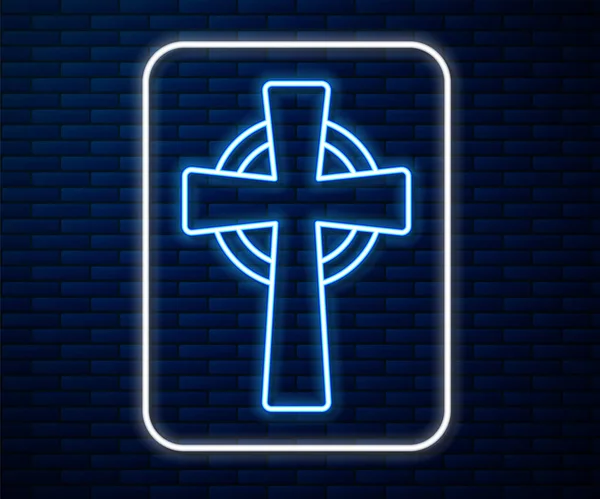 Glowing Neon Line Tombstone Cross Icon Isolated Brick Wall Background — Stock Vector