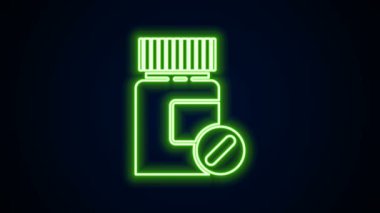 Parlayan neon hattı ilaç şişesi ve siyah arka planda izole edilmiş hap ikonu. Şişe hapı işareti. Eczane tasarımı. 4K Video hareketli grafik canlandırması