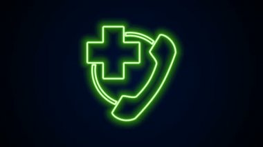 Siyah arka planda parlayan neon hattı hastane ikonuna acil durum çağrısı var. 4K Video hareketli grafik canlandırması
