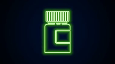 Parlayan neon hattı tıp şişesi simgesi siyah arka planda izole edildi. Şişe hapı işareti. Eczane tasarımı. 4K Video hareketli grafik canlandırması