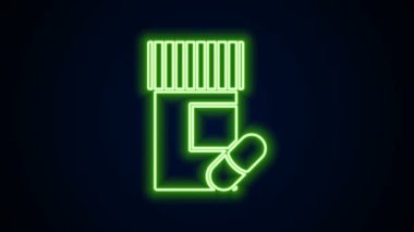 Parlayan neon hattı ilaç şişesi ve siyah arka planda izole edilmiş hap ikonu. Şişe hapı işareti. Eczane tasarımı. 4K Video hareketli grafik canlandırması