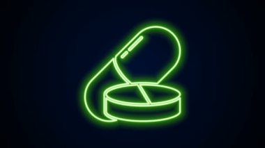 Siyah arkaplanda parlayan neon hattı ilaç veya tablet ikonu. Kapsül hapı ve uyuşturucu işareti. Eczane tasarımı. 4K Video hareketli grafik canlandırması