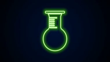 Parlayan neon hattı test tüpü ve siyah arkaplanda izole edilmiş matara simgesi. Kimyasal laboratuvar testi. Laboratuvar camları. 4K Video hareketli grafik canlandırması