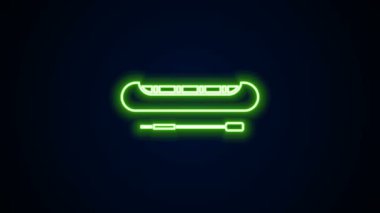 Parlayan neon hattı kano ve kürek simgesi siyah arkaplanda izole edildi. Balıkçılık ve turizm için kano. Açık hava aktiviteleri. 4K Video hareketli grafik canlandırması