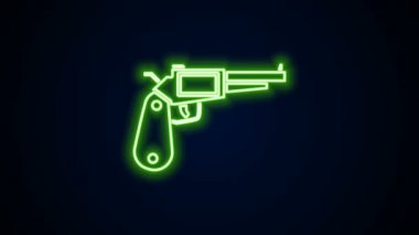 Parlayan neon hattı Revolver silah ikonu siyah arkaplanda izole edildi. 4K Video hareketli grafik canlandırması