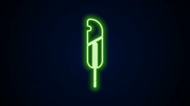 Parlayan neon hattı Tüy kalem simgesi siyah arkaplanda izole edildi. 4K Video hareketli grafik canlandırması