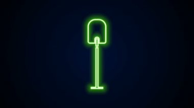 Parlayan neon hattı kürek simgesi siyah arkaplanda izole edildi. Bahçe aletleri. Bahçecilik, tarım, çiftçilik aleti. 4K Video hareketli grafik canlandırması