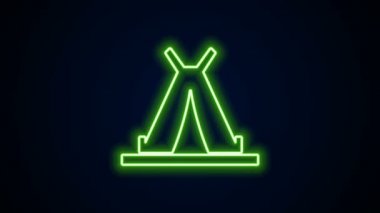 Parlayan neon hattı Geleneksel Kızılderili çadırı veya wigwam simgesi siyah arkaplanda izole. Kızılderili çadırı. 4K Video hareketli grafik canlandırması