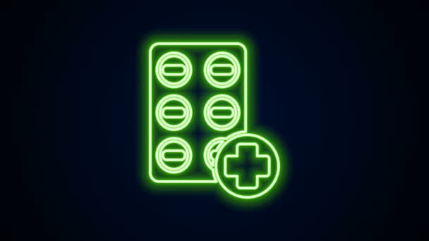 Ragyogó neon vonal Pills buborékcsomagolásban ikon elszigetelt fekete alapon. Orvosi gyógyszer csomag tabletta, vitamin, antibiotikum, aszpirin. 4K Videó mozgás grafikus animáció — Stock videók