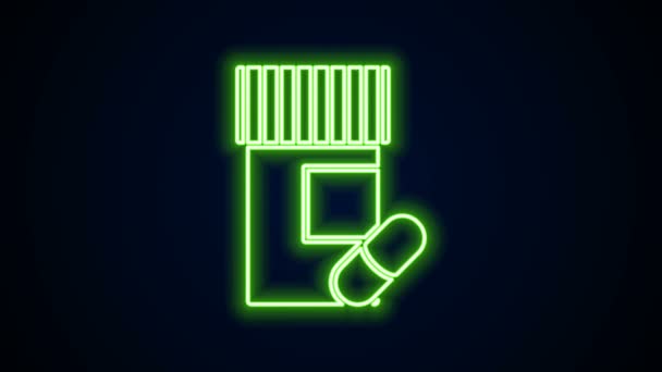 Leuchtende Neon-Linie Medizin Flasche und Pillen Symbol isoliert auf schwarzem Hintergrund. Flaschentablettenschild. Apothekendesign. 4K Video Motion Grafik Animation — Stockvideo
