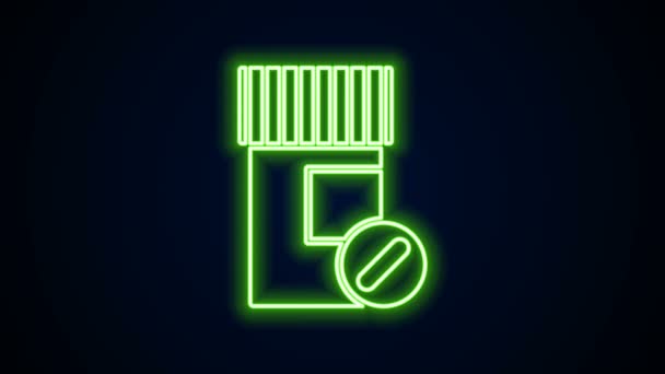 Glow néon ligne bouteille de médecine et pilules icône isolée sur fond noir. Signe de pilule. Conception de pharmacie. Animation graphique de mouvement vidéo 4K — Video