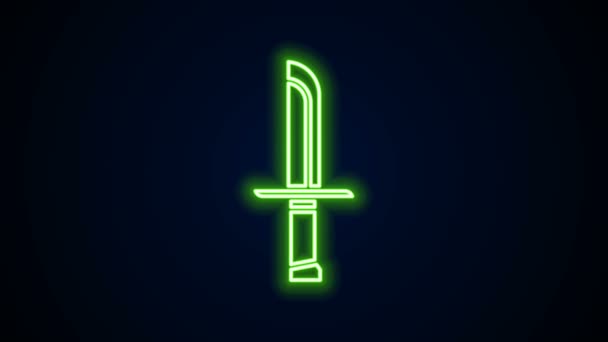 Icono de cuchillo militar de línea de neón brillante aislado sobre fondo negro. Animación gráfica de vídeo 4K — Vídeo de stock