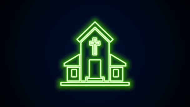 Zářící neonová linie Kostel budovy ikona izolované na černém pozadí. Christian Church. Náboženství církve. Grafická animace pohybu videa 4K — Stock video