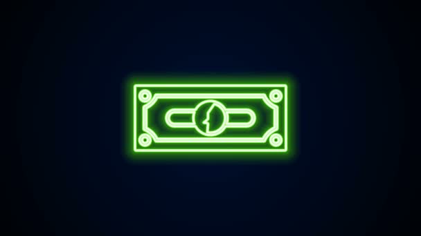 Glowing neon line Stacks paper money cash icon isolated on black background. Money banknotes stacks. Bill currency. 4K Video motion graphic animation — Stock Video