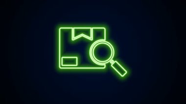 Parlayan neon hattı Arama paketi simgesi siyah arkaplanda izole edildi. Paket takibi. Büyüteç ve karton kutu. Lojistik ve teslimat. 4K Video hareketli grafik canlandırması