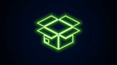 Parlayan neon çizgi karton kutu simgesi siyah arkaplanda izole edildi. Kutu, paket, paket işareti. Teslimat ve ambalaj. 4K Video hareketli grafik canlandırması