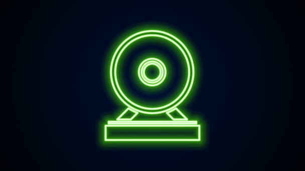 Linea neon incandescente Gong strumento musicale a percussione circolare icona a disco metallico isolato su sfondo nero. Animazione grafica 4K Video motion — Video Stock