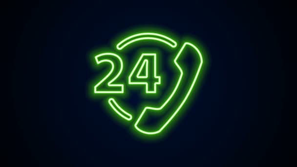 Glowing neon line Telephone 24 시간검은 배경에 고립된 아이콘을 지원한다. 고객 지원 전화 센터입니다. 전 시간 전화 서비스. 4K 비디오 모션 그래픽 애니메이션 — 비디오