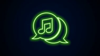 Parlayan neon çizgisi, siyah arkaplanda izole edilmiş konuşma baloncuğu simgesindeki müzikal nota. Müzik ve ses konsepti. 4K Video hareketli grafik canlandırması