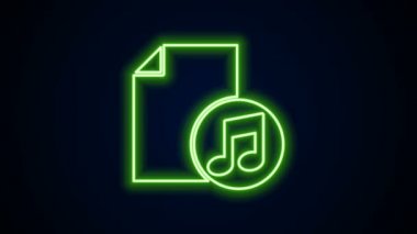 Siyah zemin üzerinde not simgesi olan parlak neon çizgisi müzik kitabı. Notalı nota kağıdı. Müzik notaları için not defteri. 4K Video hareketli grafik canlandırması