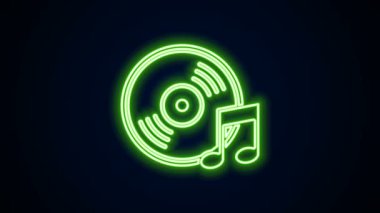 Parlayan neon çizgisi Vinil disk simgesi siyah arkaplanda izole edildi. 4K Video hareketli grafik canlandırması
