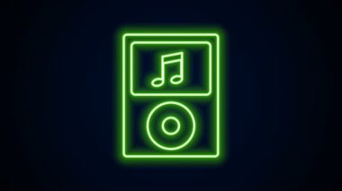 Parlayan neon hattı müzik çalar simgesi siyah arkaplanda izole edildi. Taşınabilir müzik cihazı. 4K Video hareketli grafik canlandırması