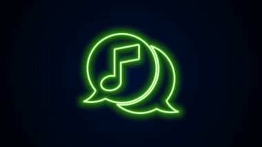 Parlayan neon çizgisi, siyah arkaplanda izole edilmiş konuşma baloncuğu simgesindeki müzikal nota. Müzik ve ses konsepti. 4K Video hareketli grafik canlandırması