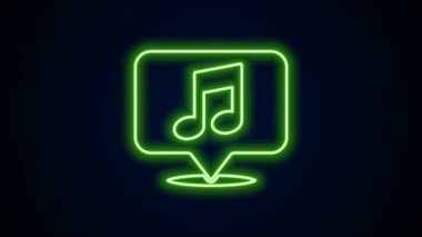 Parlayan neon çizgisi, siyah arkaplanda izole edilmiş konuşma baloncuğu simgesindeki müzikal nota. Müzik ve ses konsepti. 4K Video hareketli grafik canlandırması