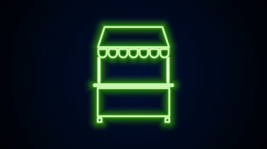 Tente ve ahşap askı simgesi siyah arkaplanda izole edilmiş parlayan neon çizgi sokak tezgahı. Ahşap göğüslü bir büfe. 4K Video hareketli grafik canlandırması
