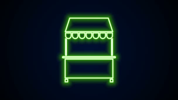 Brilhante neon line Street stall com toldo e ícone rack de madeira isolado no fundo preto. Quiosque com rack de madeira. Animação gráfica em movimento de vídeo 4K — Vídeo de Stock