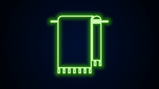 Glowing neon line Towel on a hanger icon isolated on black background. Bathroom towel icon. 4K Video motion graphic animation — Stock Video