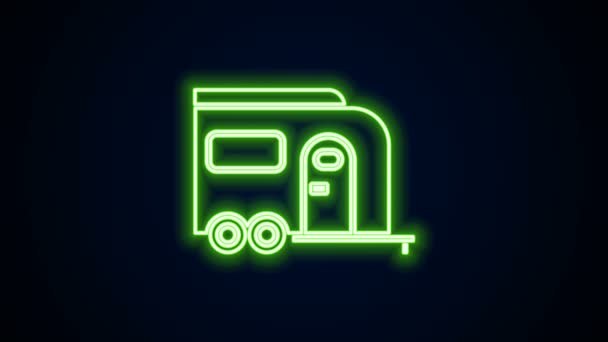 Glowing neon line Rv Camping trailer icon isolated on black background. Travel mobile home, caravan, home camper for travel. 4K Video motion graphic animation — Stock Video