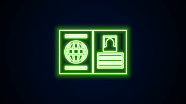 带有生物识别数据图标的霓虹灯线护照在黑色背景上被隔离。身份证明文件。4K视频运动图形动画 — 图库视频影像