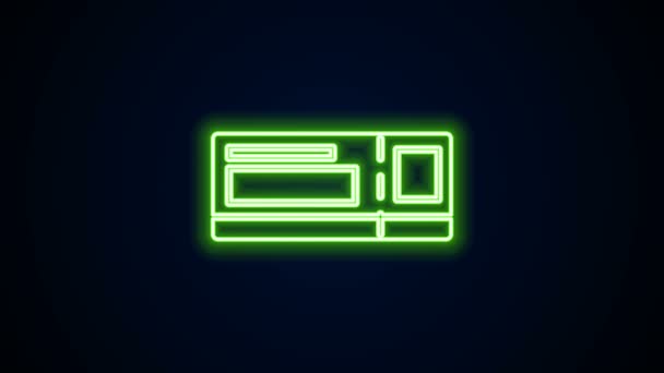 Žhnoucí neonová čára Ikona jízdenky izolovaná na černém pozadí. Vlak, loď, letadlo, tramvaj, autobusová doprava. Koncept cestovních služeb. Grafická animace pohybu videa 4K — Stock video