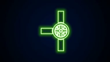 Parlayan neon hattı Endüstri metalik borular ve siyah arka planda izole edilmiş kapakçık ikonu. 4K Video hareketli grafik canlandırması