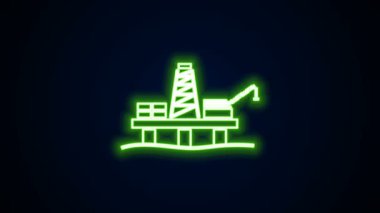 Deniz ikonundaki parlayan neon hattı petrol platformu siyah arkaplanda izole edildi. Denizde sondaj kulesi. Petrol platformu, doğalgaz, deniz aşırı sanayi. 4K Video hareketli grafik canlandırması