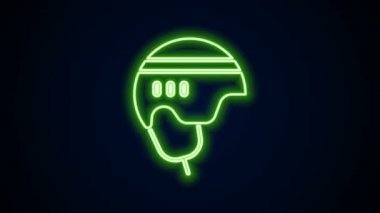 Parlayan neon çizgisi Hokey miğferi simgesi siyah arkaplanda izole edildi. 4K Video hareketli grafik canlandırması