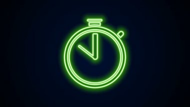 Parlayan neon hattı Stopwatch simgesi siyah arkaplanda izole edildi. Zaman göstergesi. Kronometre işareti. 4K Video hareketli grafik canlandırması