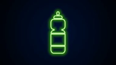 Parlayan neon hattı fitness karıştırıcı simgesi siyah arkaplanda izole edildi. Su ve protein kokteylleri için kapaklı spor karıştırıcı şişesi. 4K Video hareketli grafik canlandırması