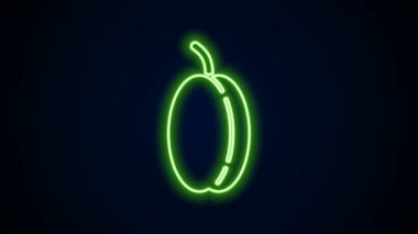 Parlayan neon hattı, siyah arkaplanda izole edilmiş erik meyvesi ikonu. 4K Video hareketli grafik canlandırması