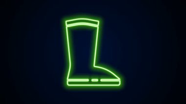 Parlayan neon hattı su geçirmez lastik bot simgesi siyah arkaplanda izole edildi. Yağmurlu hava, balıkçılık, bahçe işleri için çizme. 4K Video hareketli grafik canlandırması