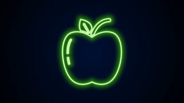Parlayan neon çizgisi Apple simgesi siyah arkaplanda izole edildi. Yaprak sembollü meyve. 4K Video hareketli grafik canlandırması