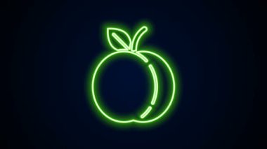 Siyah zemin üzerinde yaprak simgesi olan parlak neon çizgisi şeftali veya nektarin. 4K Video hareketli grafik canlandırması
